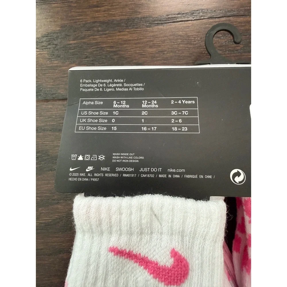 Nike Infant Girls 6 Pack Ankle Socks Pink Leopard Print 12-24 Months NN0662-AA7